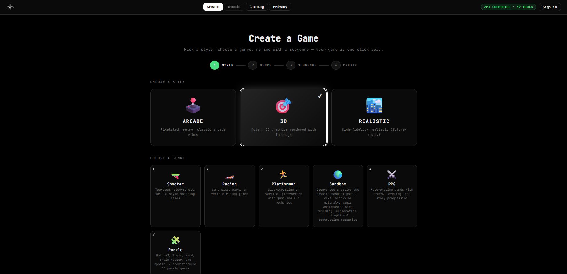 Create a Game flow with style and genre selection