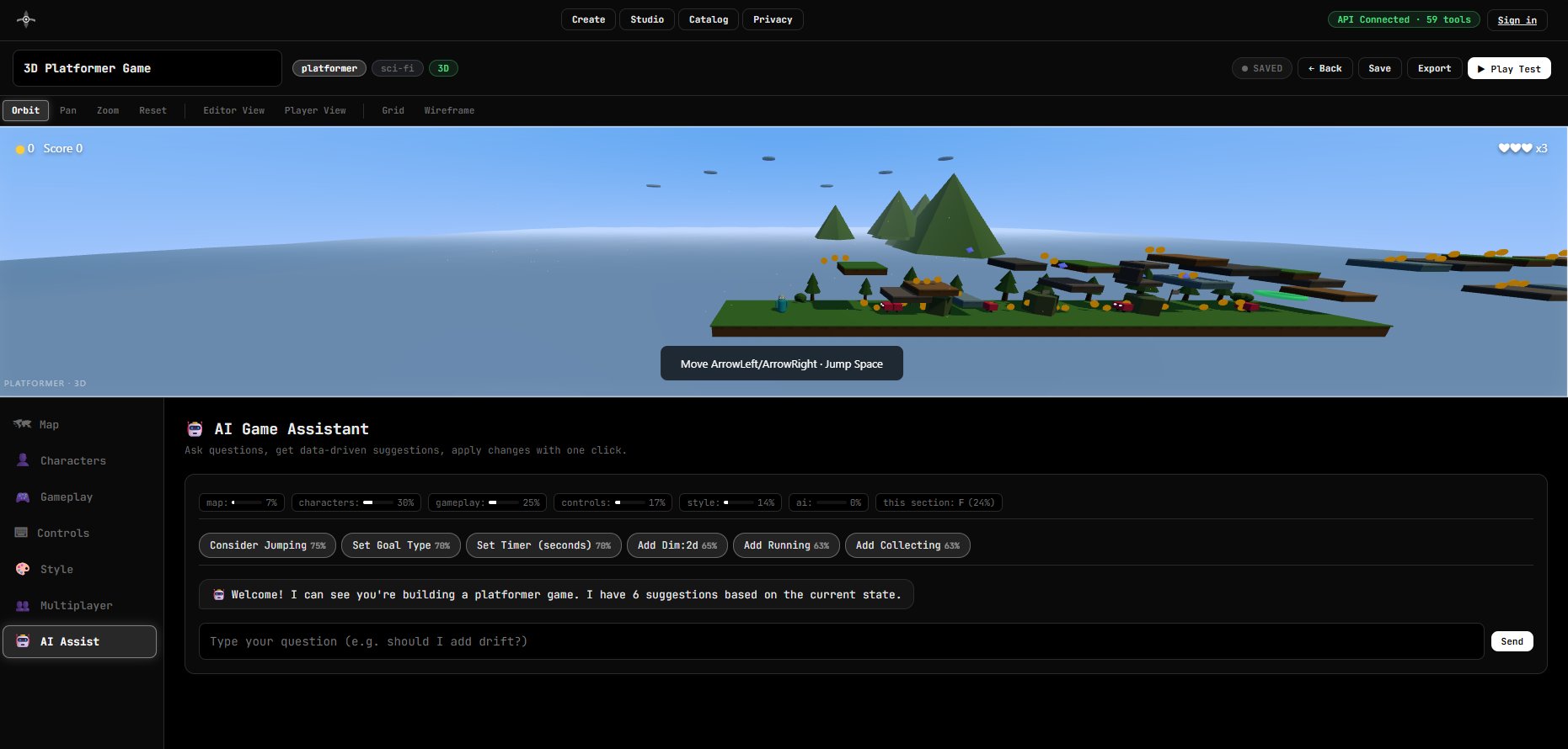In-editor view of a 3D platformer with the AI Game Assistant suggesting tweaks